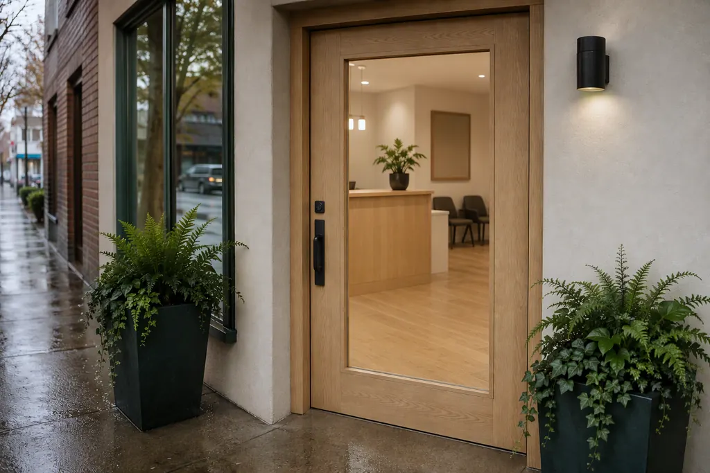 Street-level entrance with a glass-panelled wooden door between two planters