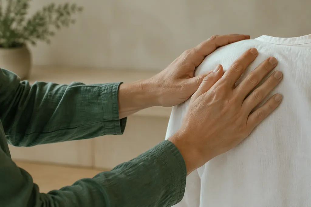 A practitioner's hands resting on a client's shoulder