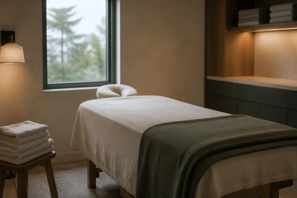 Massage room with a made-up table, folded towels and a window onto trees