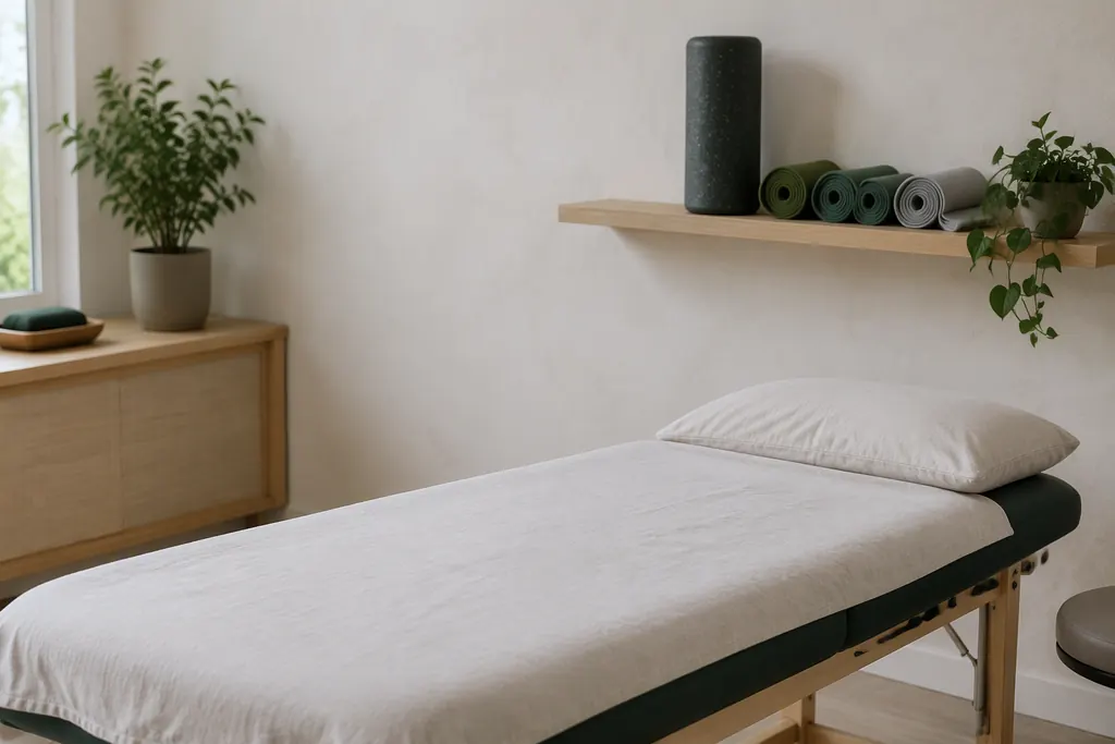 Physiotherapy room with a treatment table, a wall shelf and rolled exercise mats